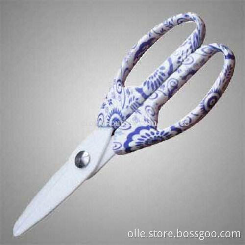 Sanitary Ceramic Blade Kitchen Scissors with Blue and White Porcelain Strips